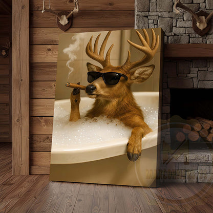 Deer Relaxing in Bathtub with Sunglasses Wrapped Canvas