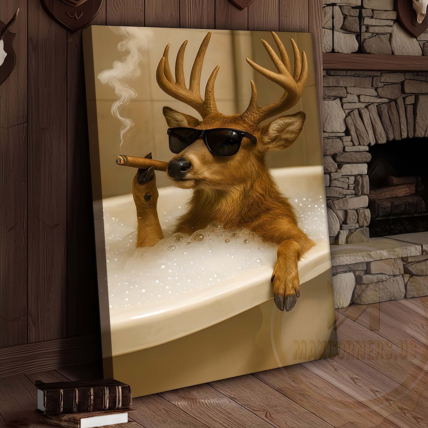 Deer Relaxing in Bathtub with Sunglasses Wrapped Canvas