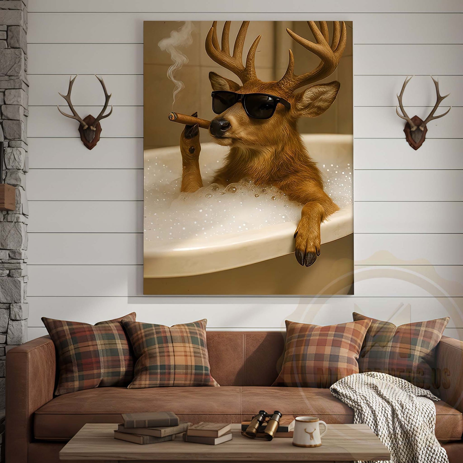 Deer Relaxing in Bathtub with Sunglasses Wrapped Canvas