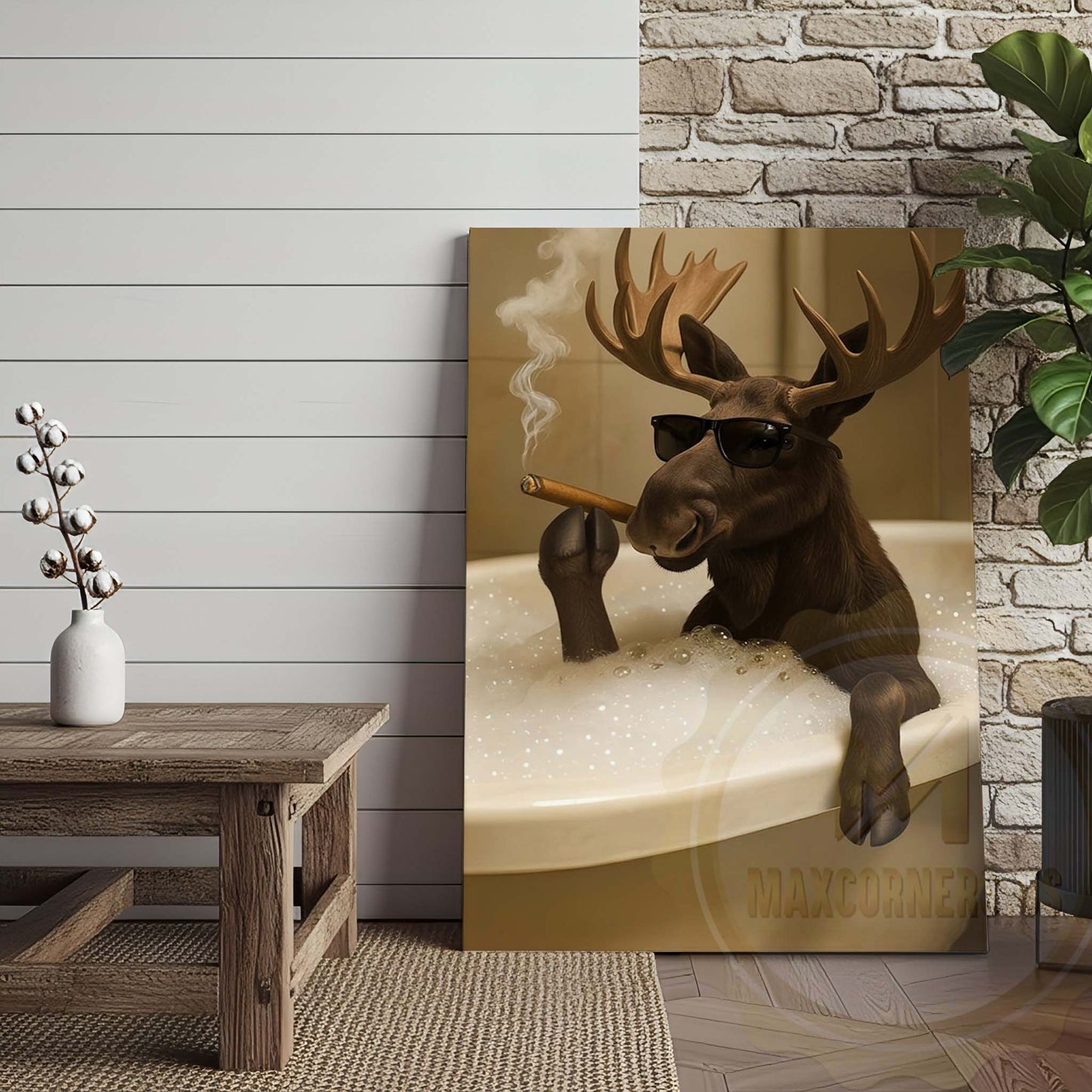 Moose Relaxing in Bathtub with Sunglasses Wrapped Canvas