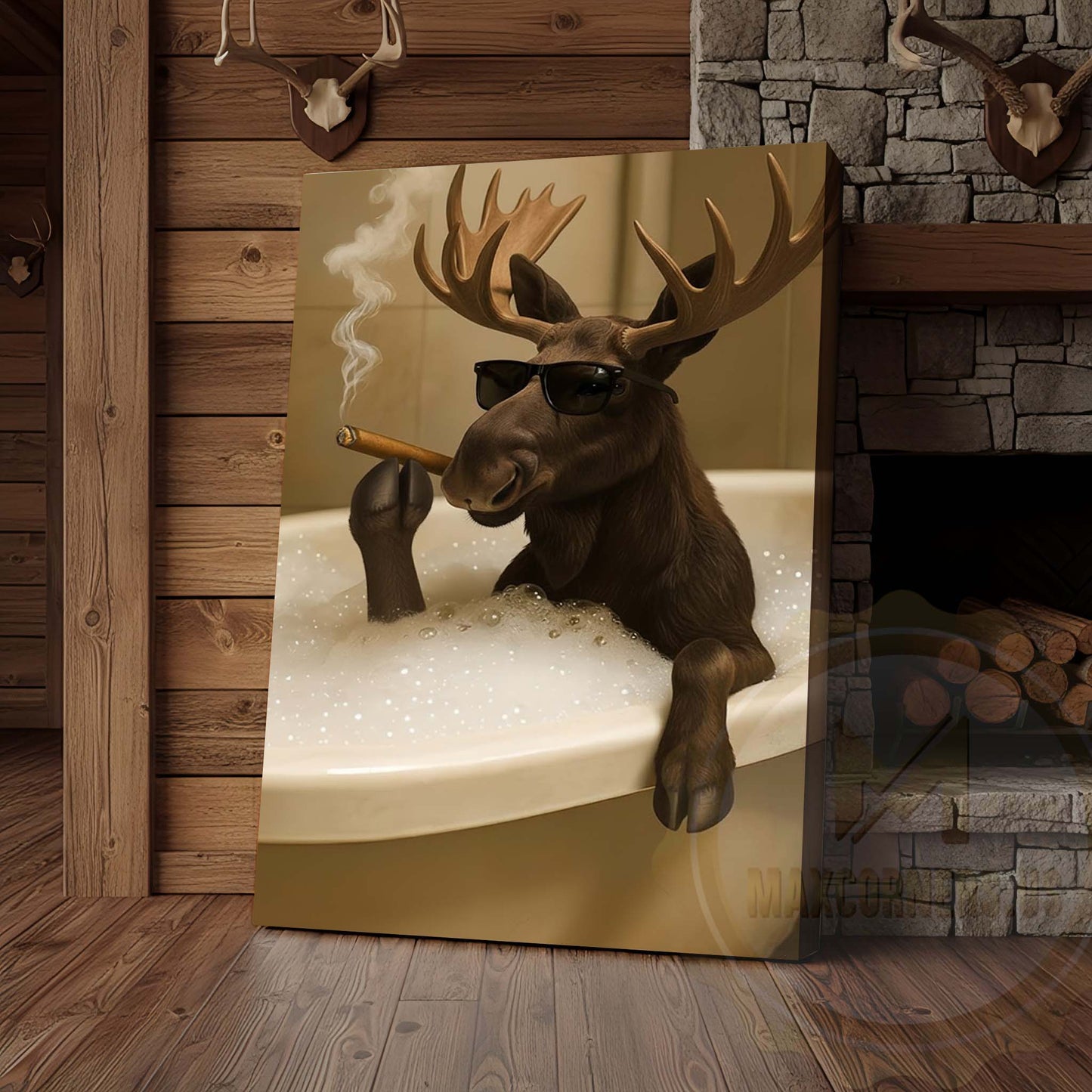 Moose Relaxing in Bathtub with Sunglasses Wrapped Canvas