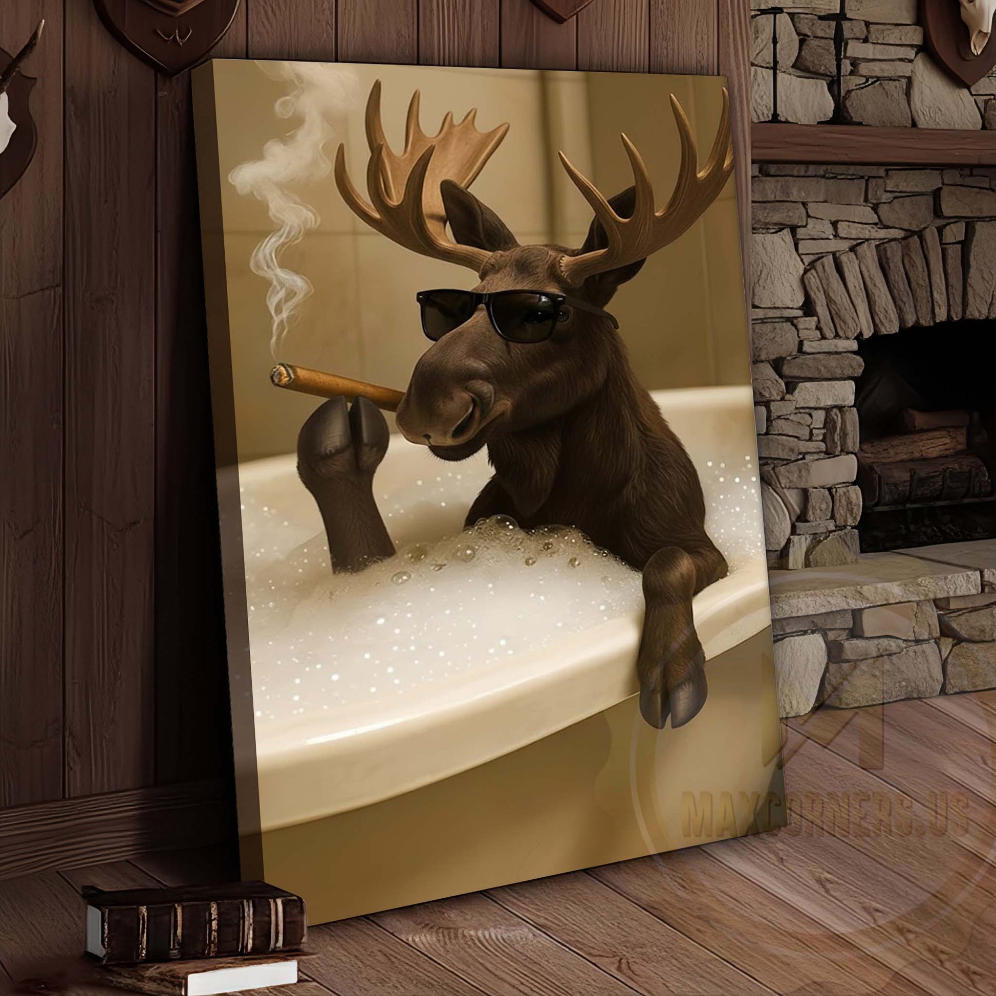 Moose Relaxing in Bathtub with Sunglasses Wrapped Canvas