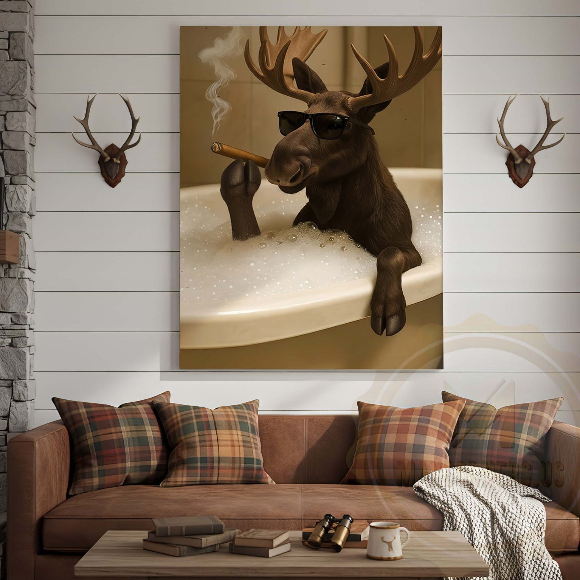 Moose Relaxing in Bathtub with Sunglasses Wrapped Canvas