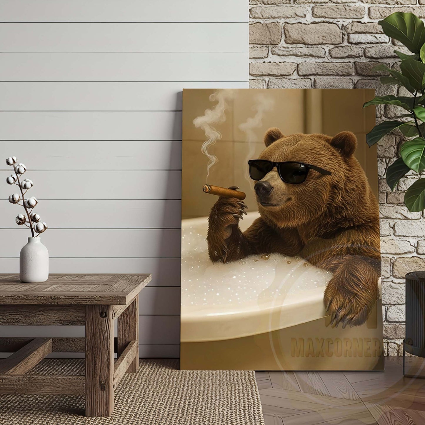 Bear Relaxing in Bathtub with Sunglasses Wrapped Canvas