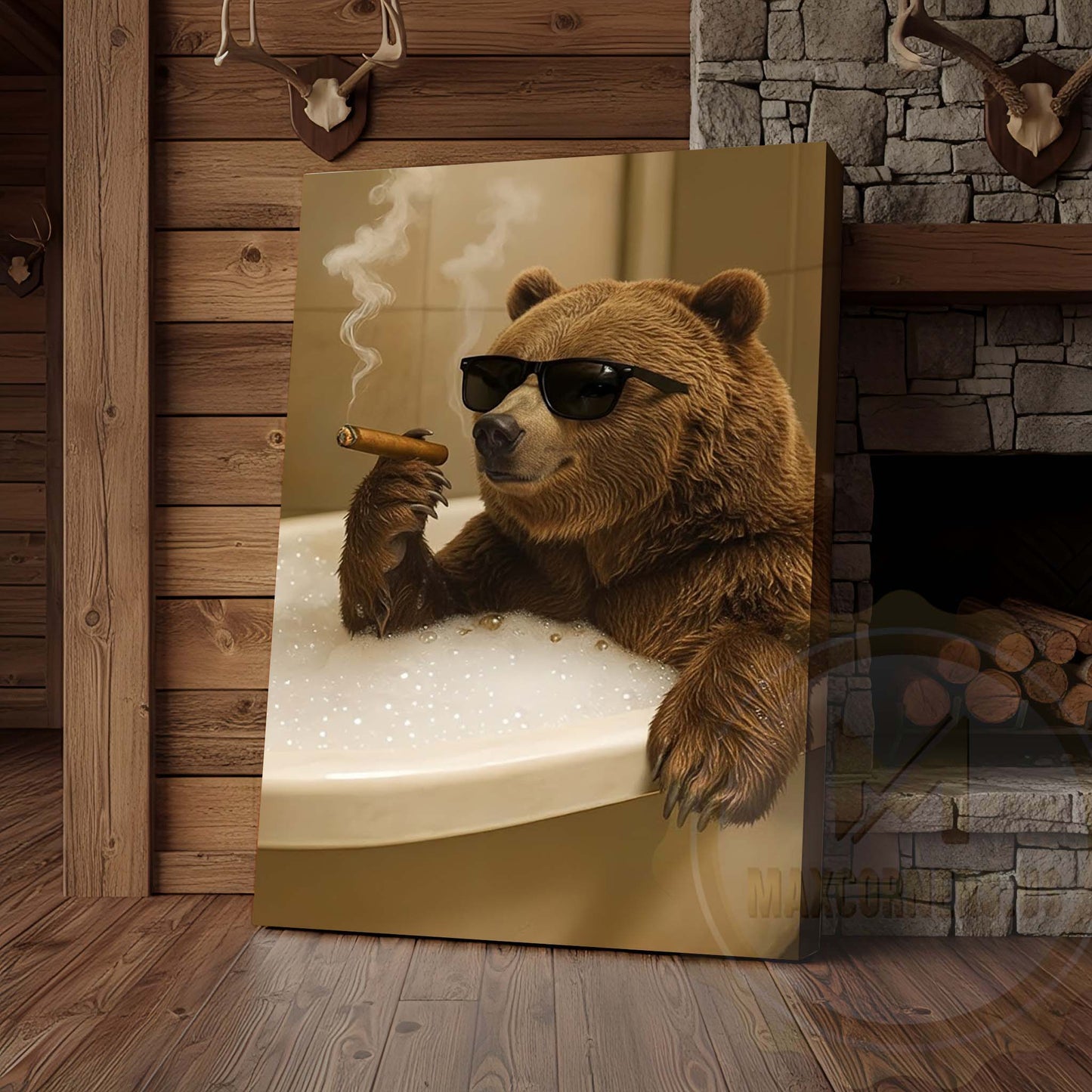 Bear Relaxing in Bathtub with Sunglasses Wrapped Canvas