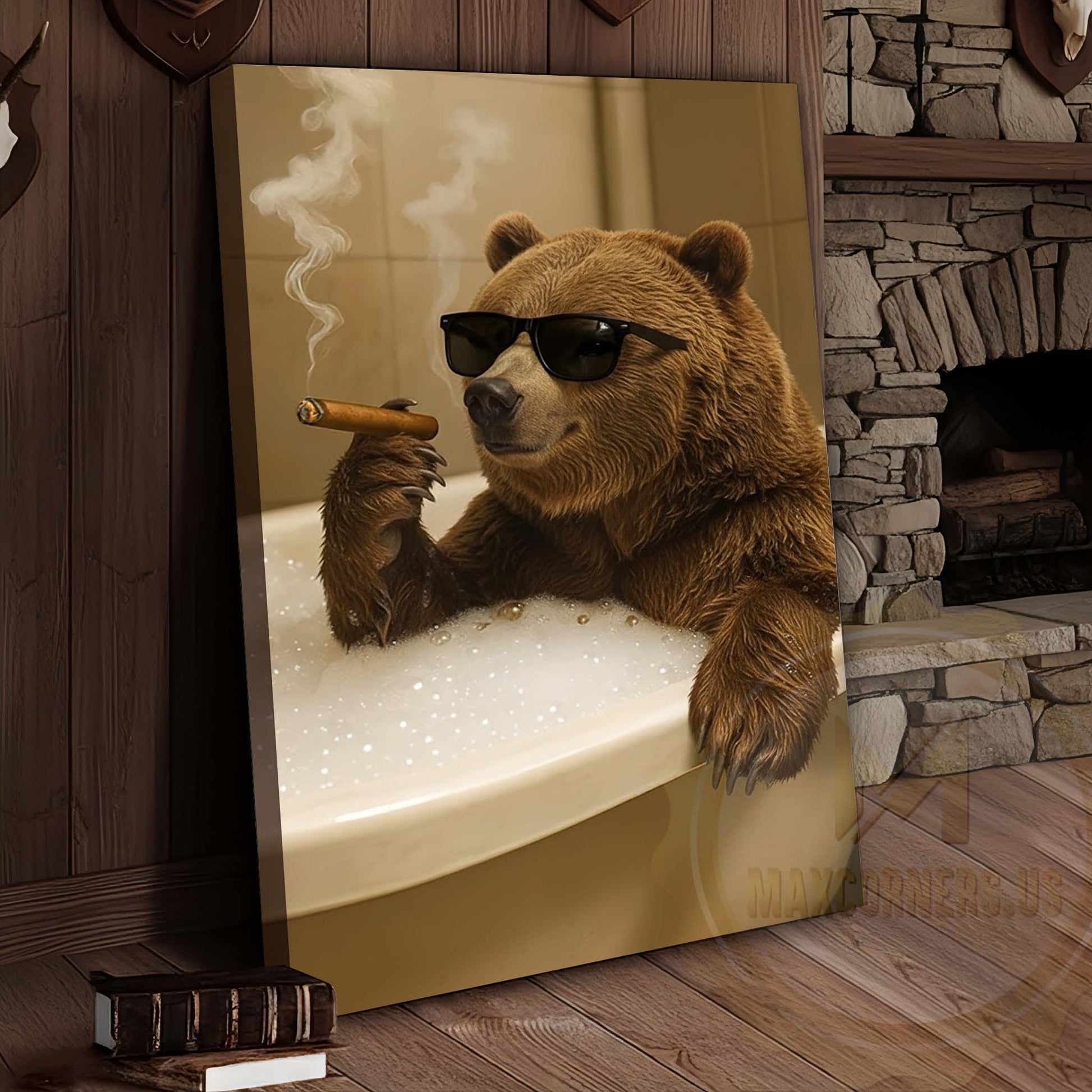 Bear Relaxing in Bathtub with Sunglasses Wrapped Canvas