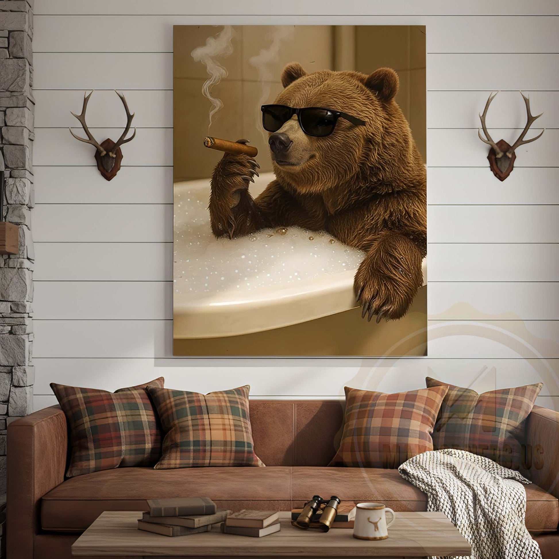 Bear Relaxing in Bathtub with Sunglasses Wrapped Canvas