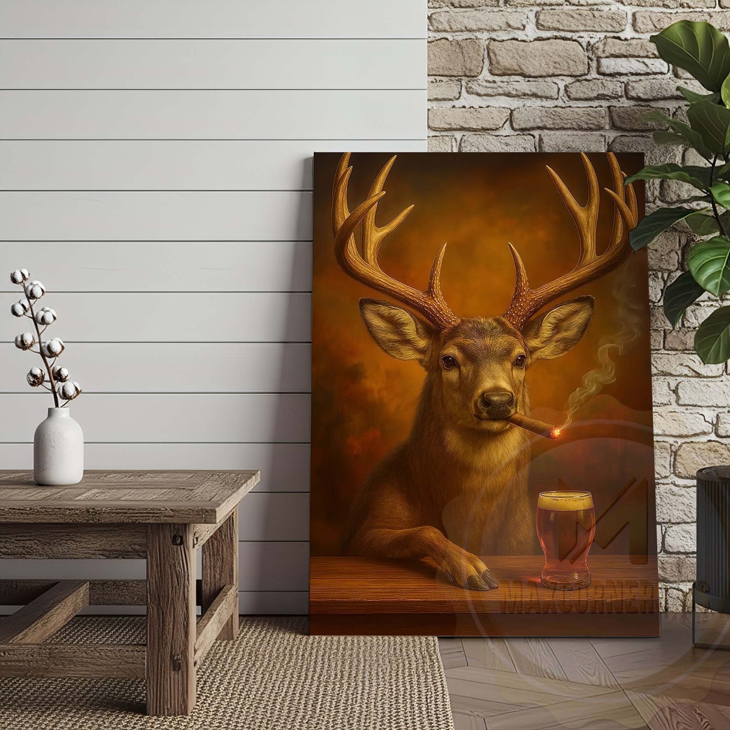 Deer with Beer Glass and Smoke Effect Wrapped Canvas