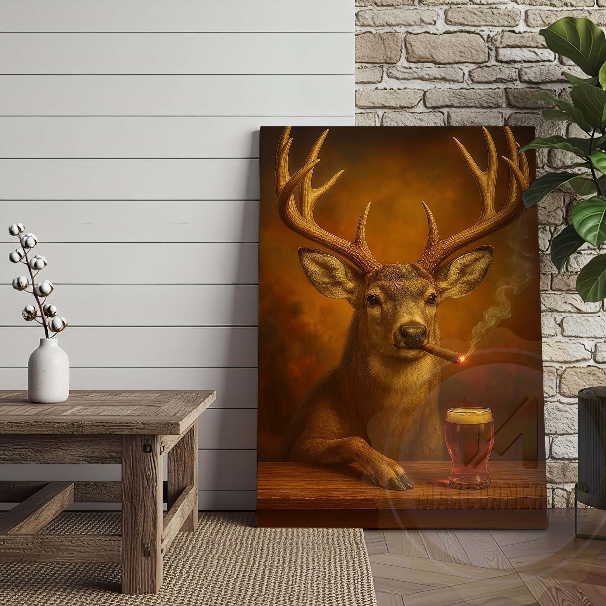 Deer with Beer Glass and Smoke Effect Wrapped Canvas