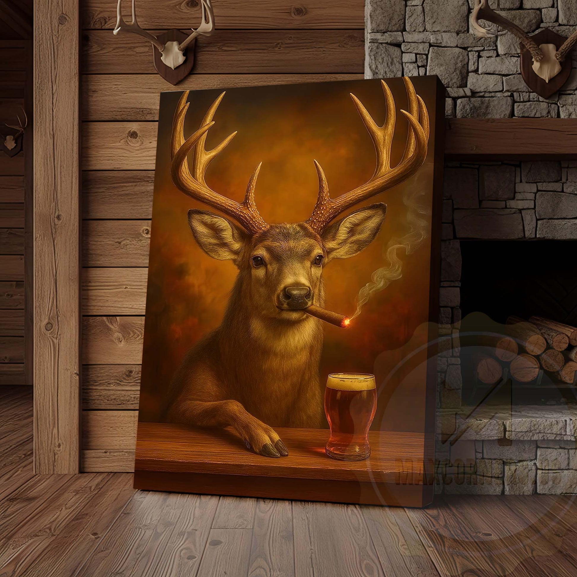 Deer with Beer Glass and Smoke Effect Wrapped Canvas