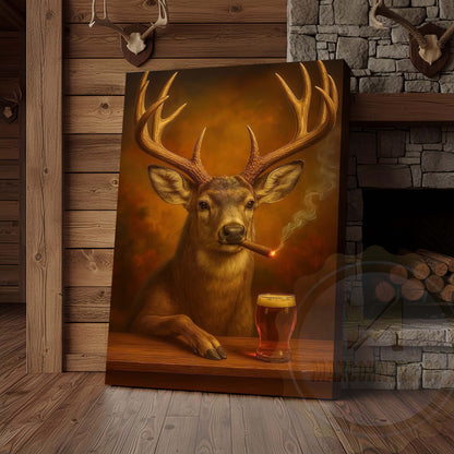 Deer with Beer Glass and Smoke Effect Wrapped Canvas