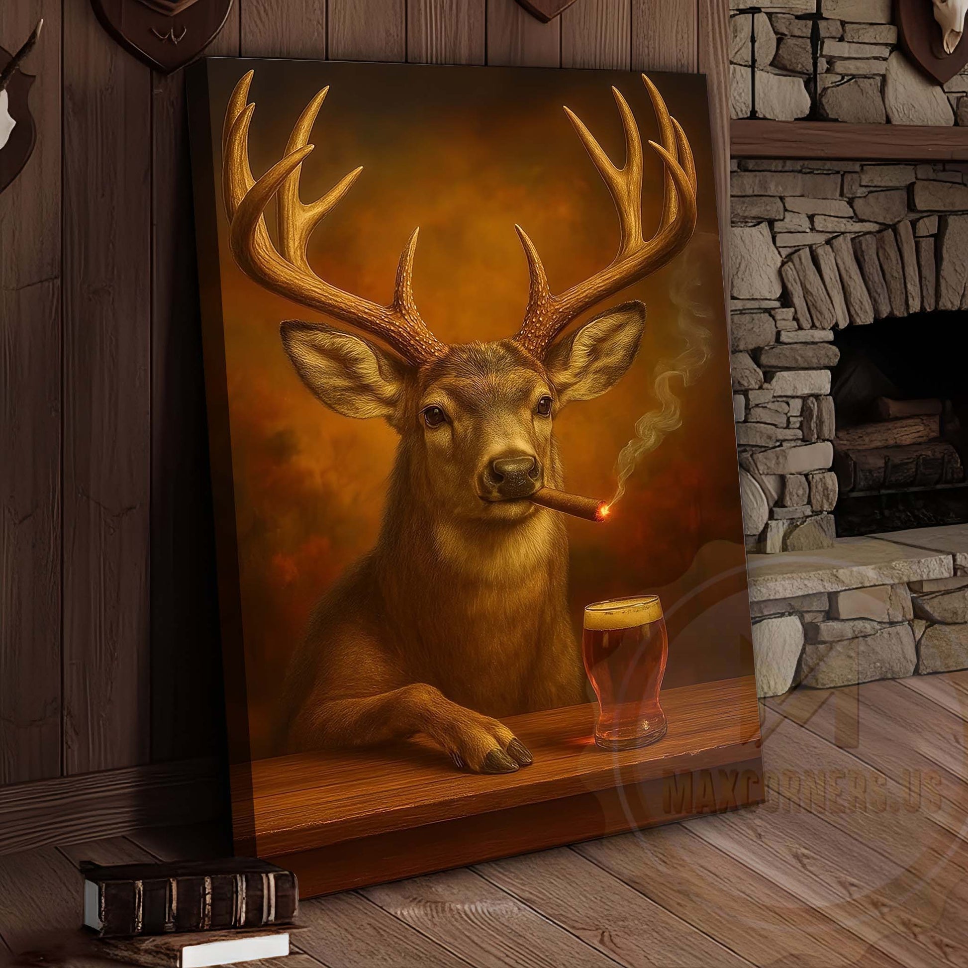 Deer with Beer Glass and Smoke Effect Wrapped Canvas