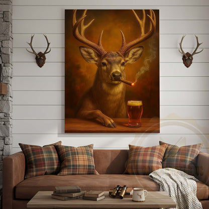 Deer with Beer Glass and Smoke Effect Wrapped Canvas