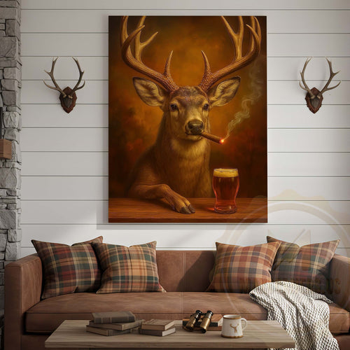 Deer with Beer Glass and Smoke Effect Wrapped Canvas