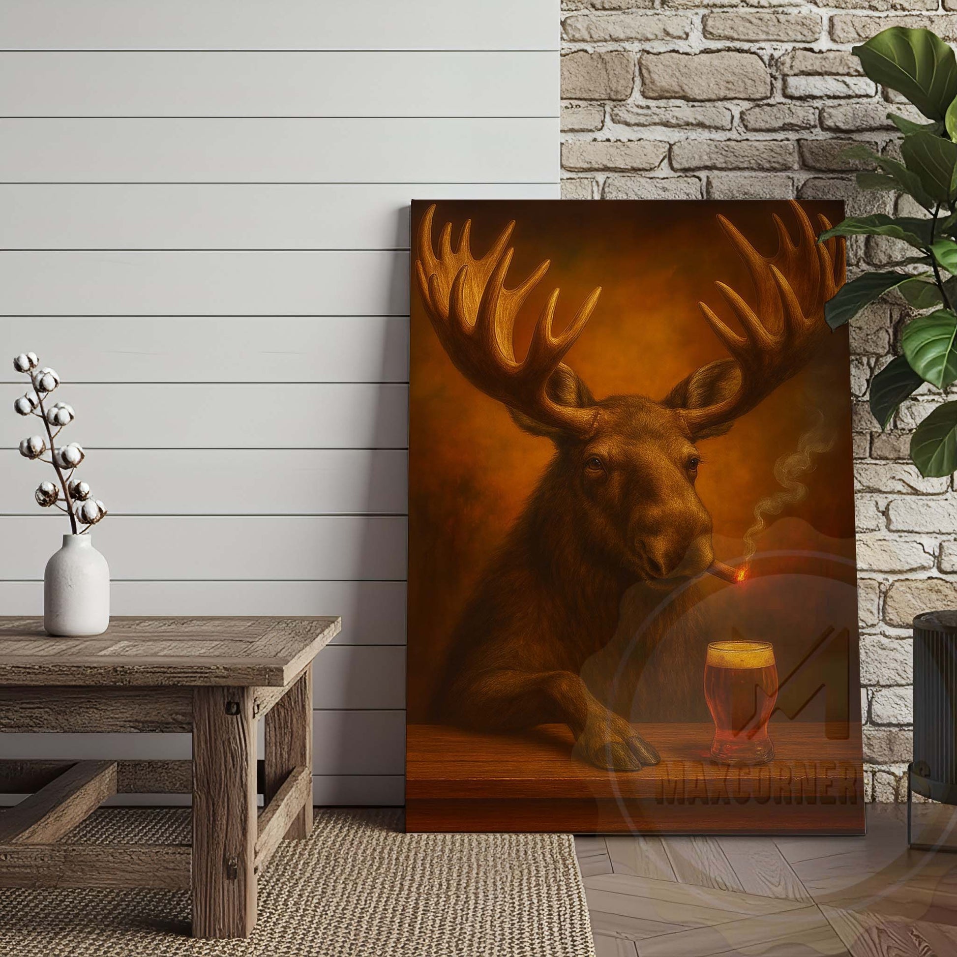 Moose with Beer Glass and Smoke Effect Wrapped Canvas