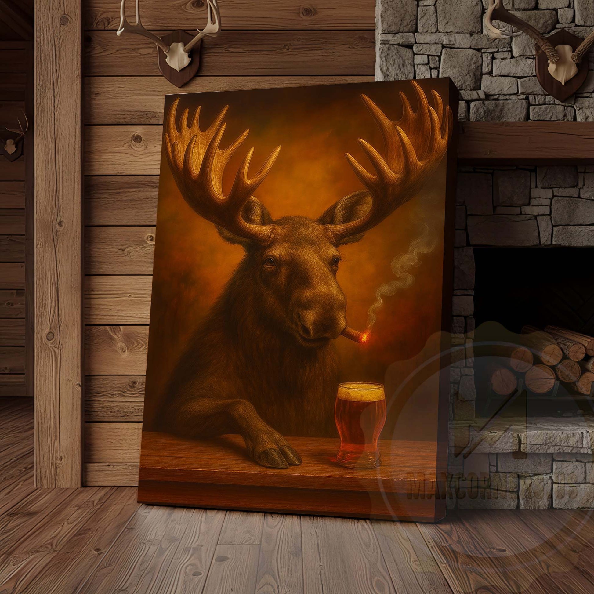 Moose with Beer Glass and Smoke Effect Wrapped Canvas