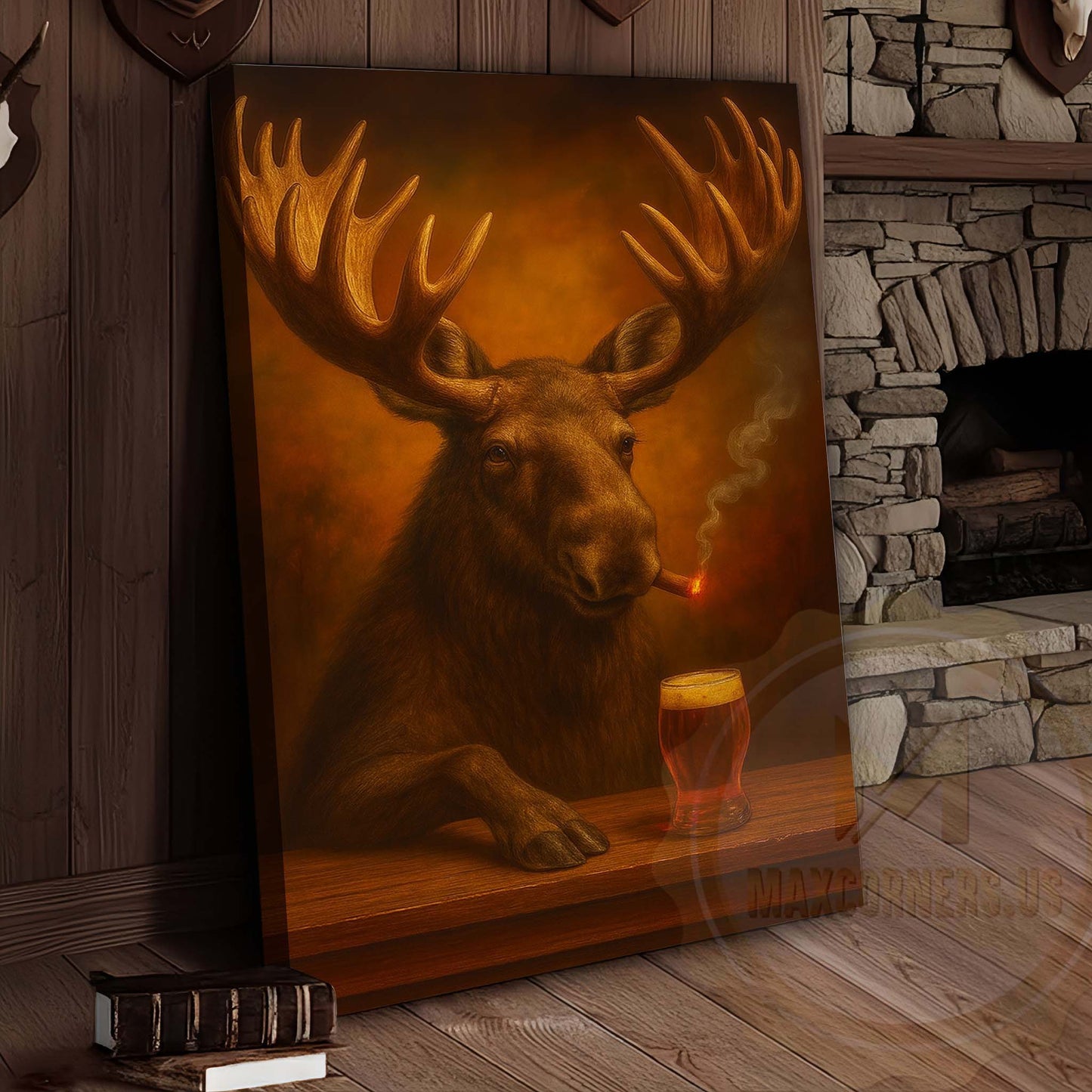 Moose with Beer Glass and Smoke Effect Wrapped Canvas