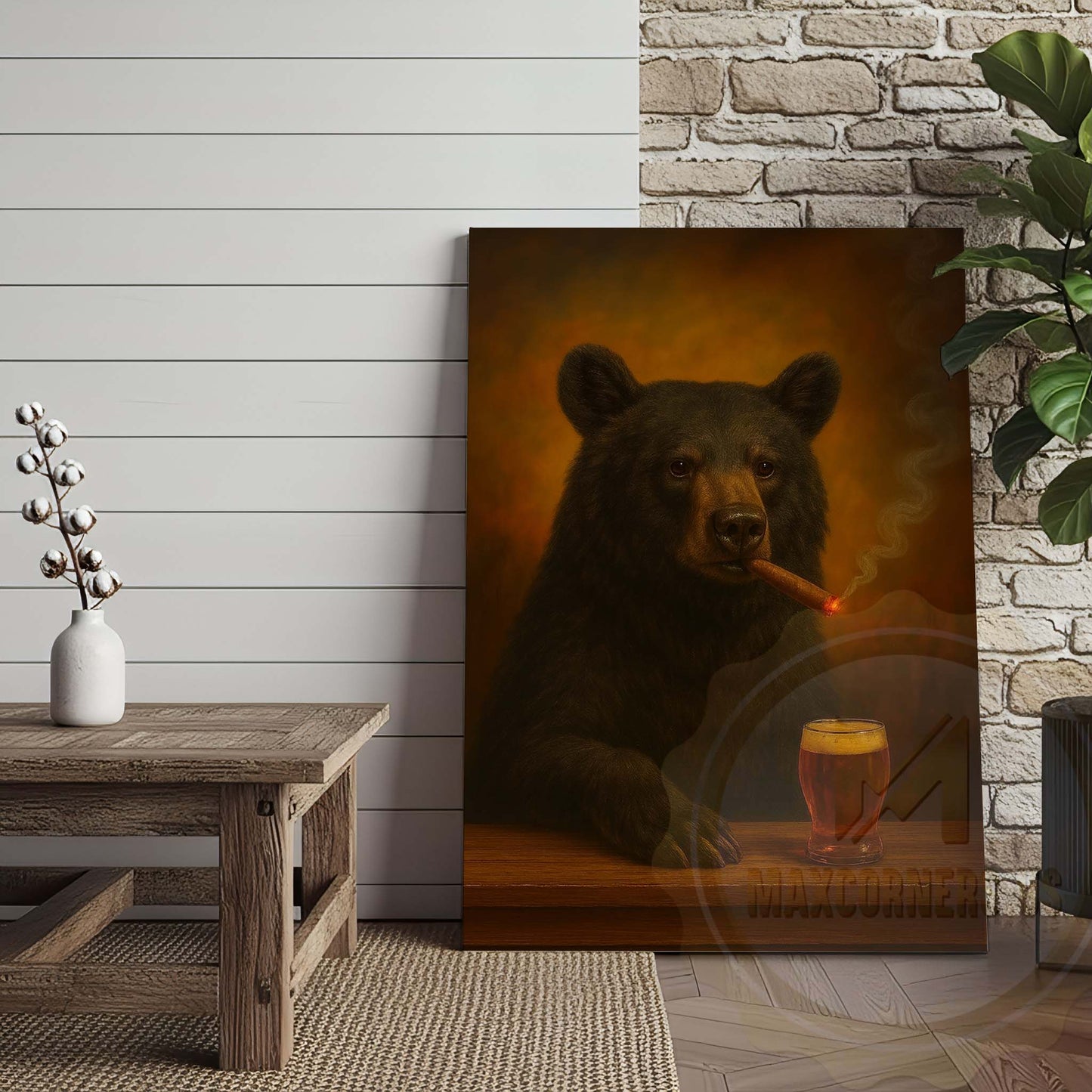 Black Bear with Beer Glass and Smoke Effect Wrapped Canvas