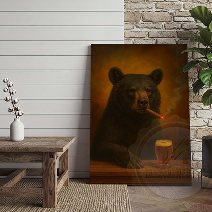 Black Bear with Beer Glass and Smoke Effect Wrapped Canvas
