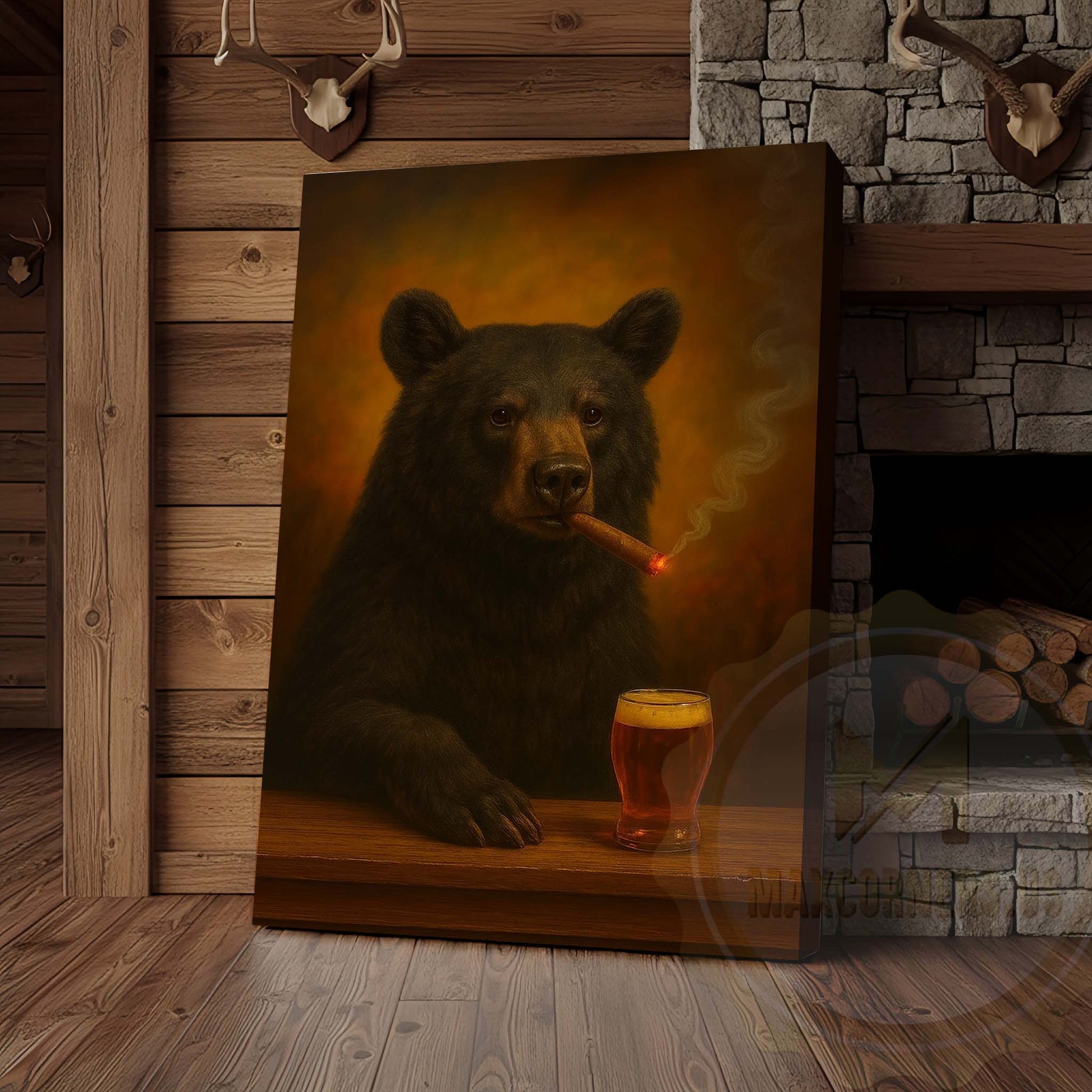 Black Bear with Beer Glass and Smoke Effect Wrapped Canvas