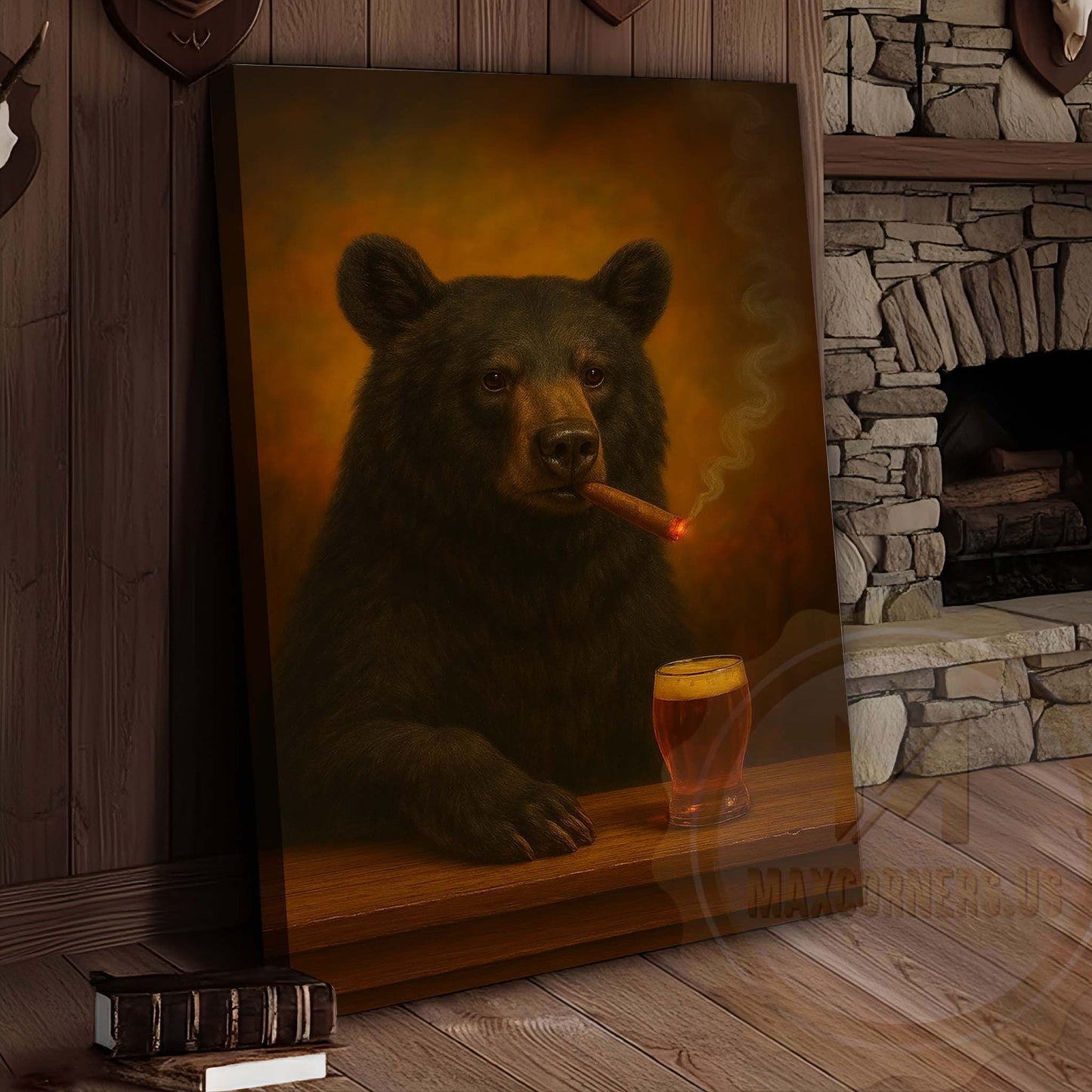 Black Bear with Beer Glass and Smoke Effect Wrapped Canvas