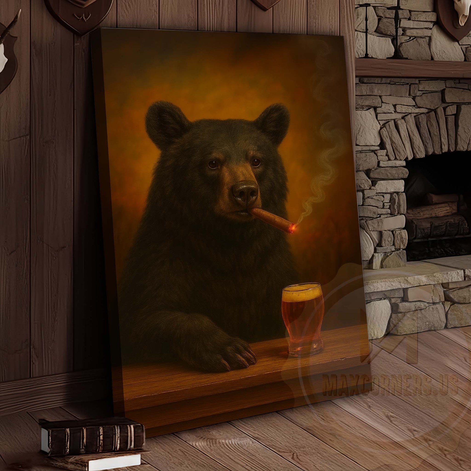 Black Bear with Beer Glass and Smoke Effect Wrapped Canvas