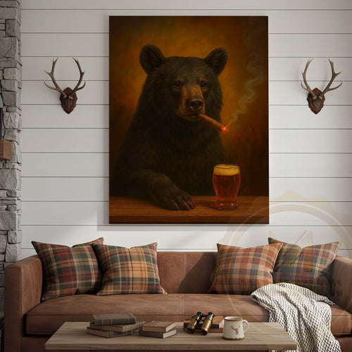 Black Bear with Beer Glass and Smoke Effect Wrapped Canvas