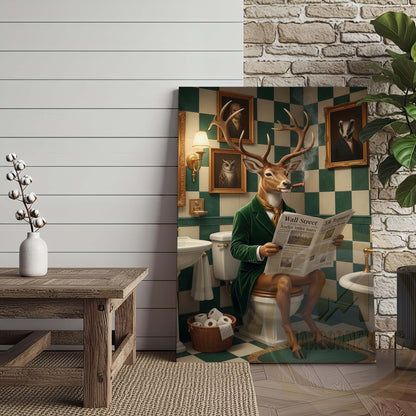 Deer Reading Newspaper in Bathroom Wrapped Canvas