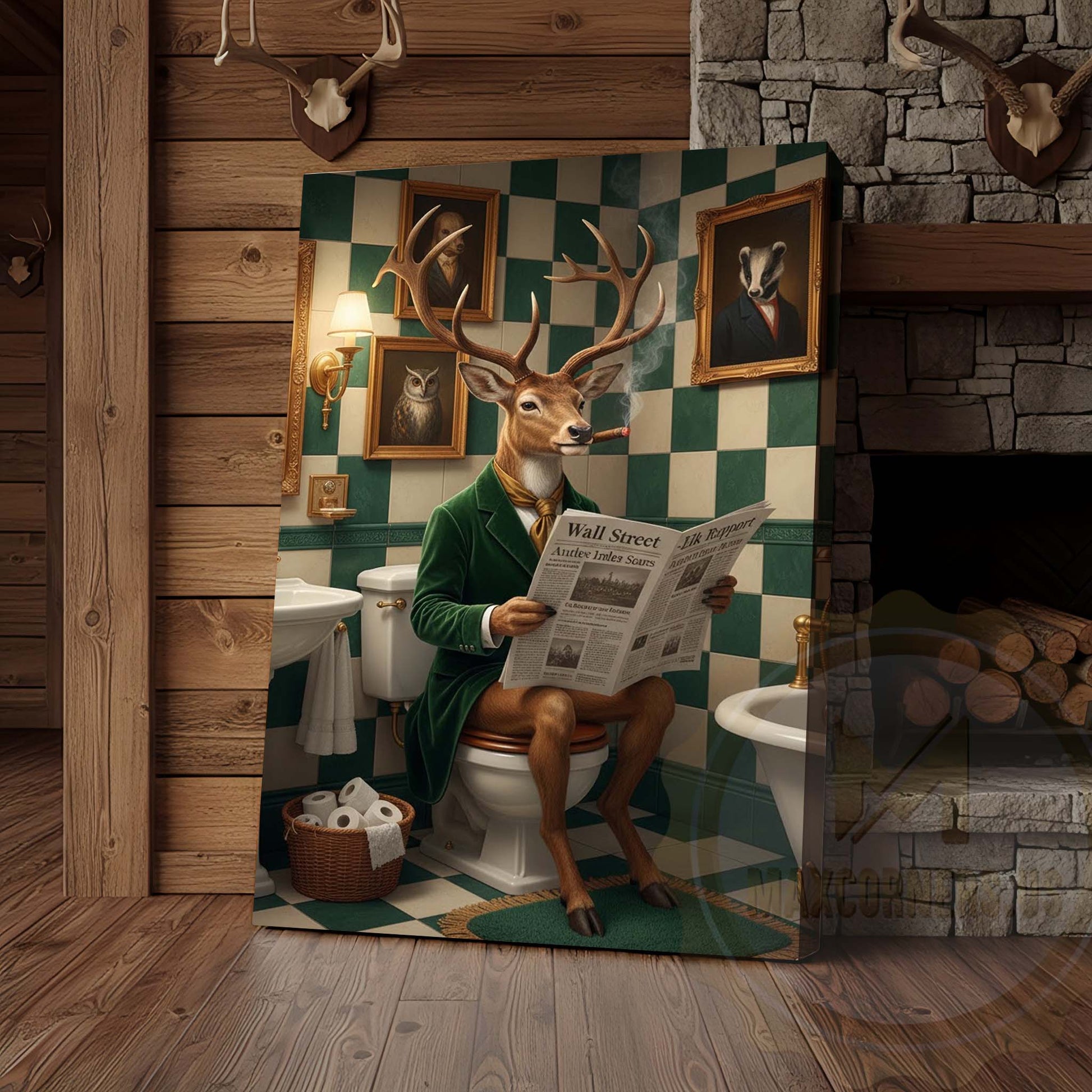 Deer Reading Newspaper in Bathroom Wrapped Canvas