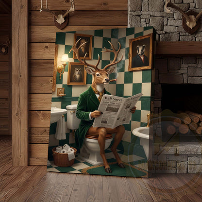 Deer Reading Newspaper in Bathroom Wrapped Canvas