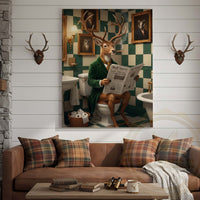 Deer Reading Newspaper in Bathroom Wrapped Canvas