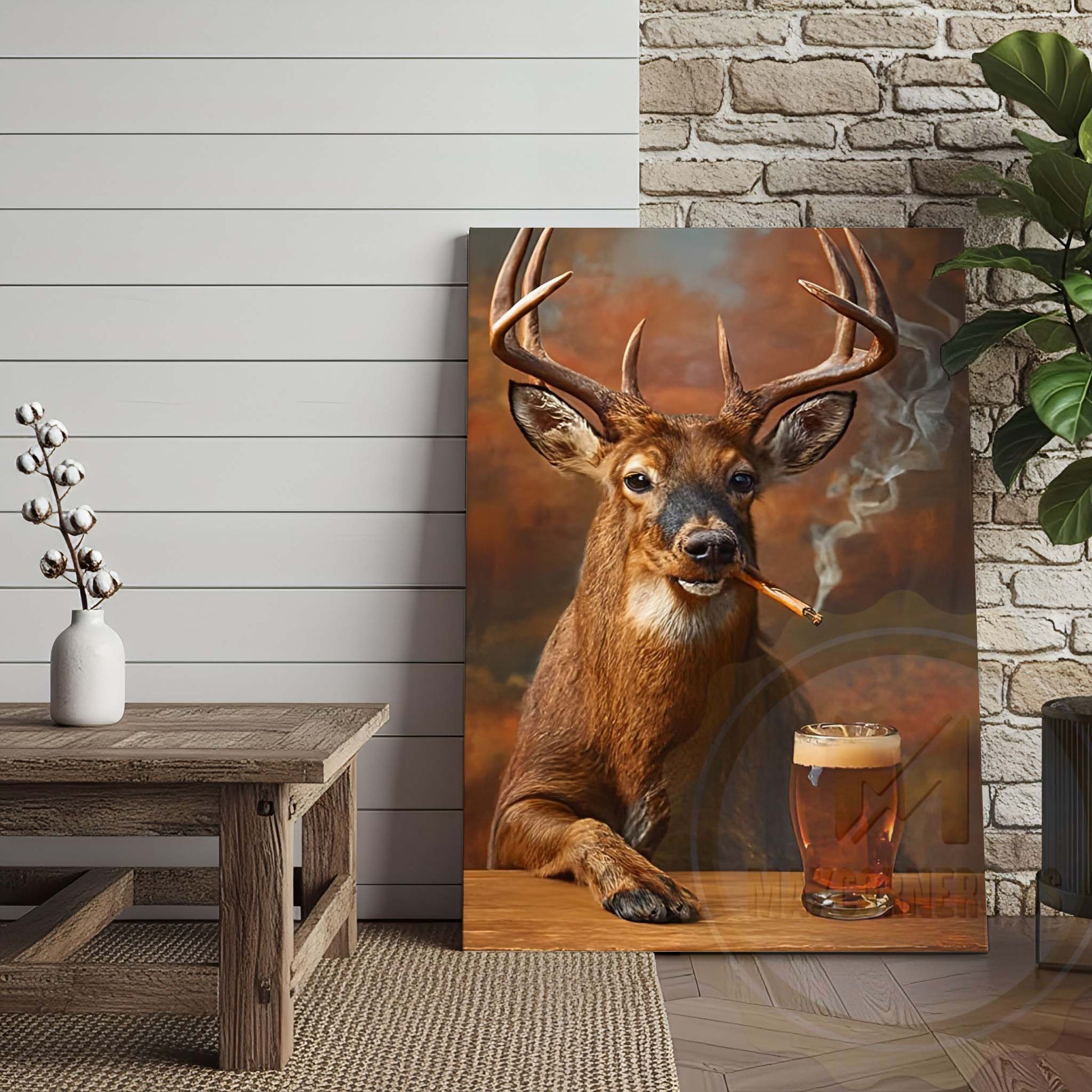 Deer with Beer Mug and Smoke Wrapped Canvas Wall Art
