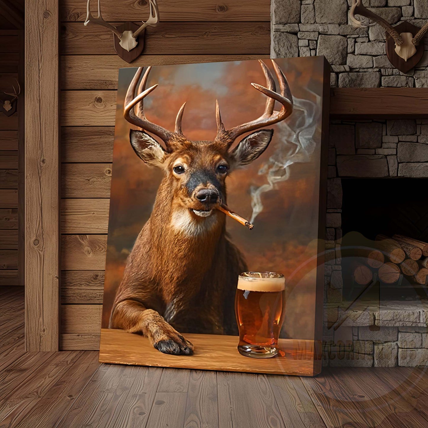 Deer with Beer Mug and Smoke Wrapped Canvas Wall Art