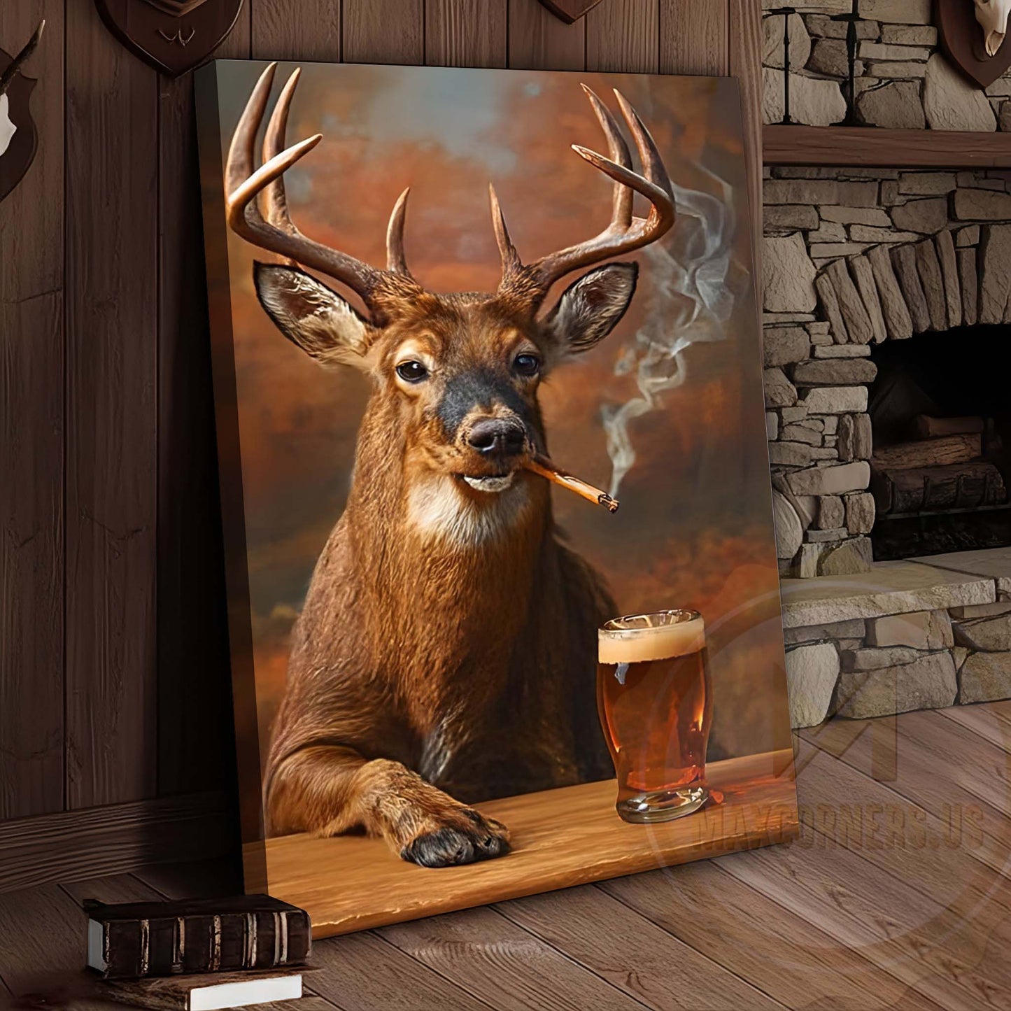 Deer with Beer Mug and Smoke Wrapped Canvas Wall Art