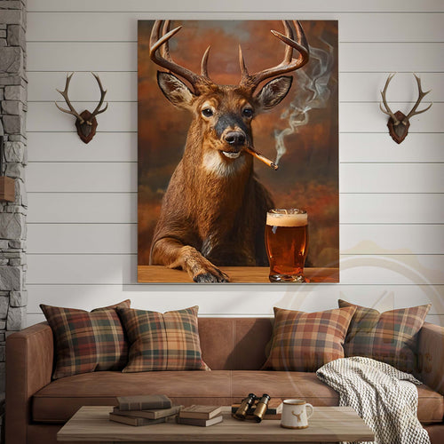 Deer with Beer Mug and Smoke Wrapped Canvas Wall Art