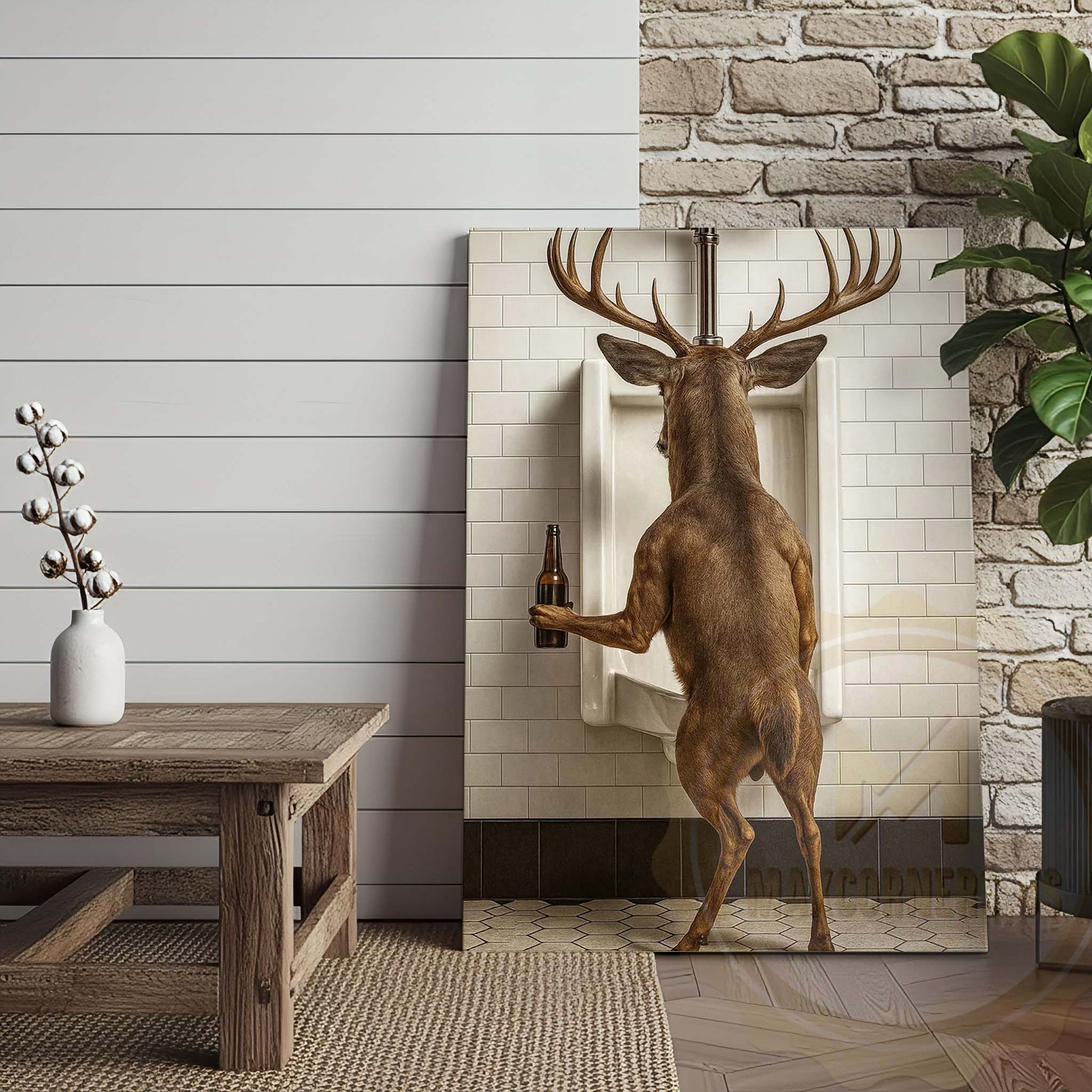 Deer Holding Beer at Urinal Wrapped Canvas Wall Art