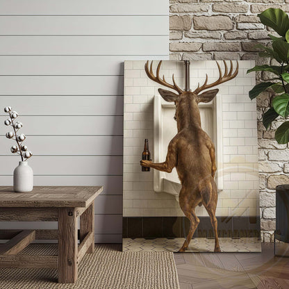 Deer Holding Beer at Urinal Wrapped Canvas Wall Art
