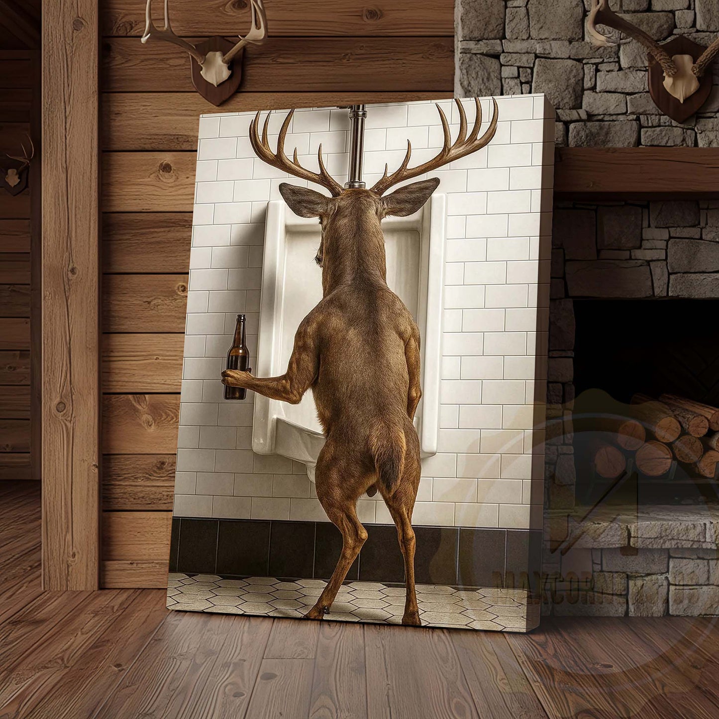 Deer Holding Beer at Urinal Wrapped Canvas Wall Art