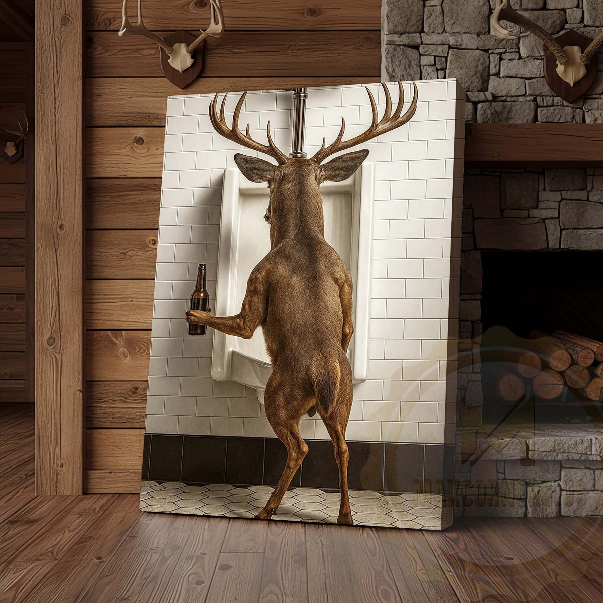 Deer Holding Beer at Urinal Wrapped Canvas Wall Art