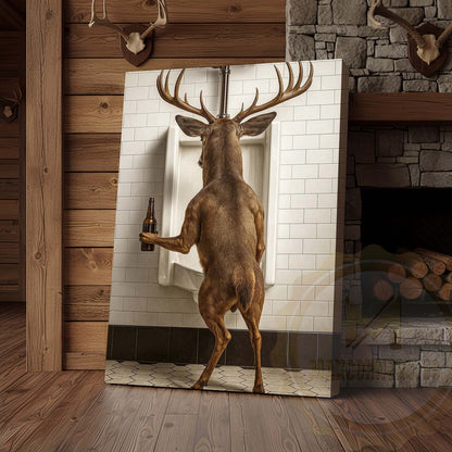 Deer Holding Beer at Urinal Wrapped Canvas Wall Art