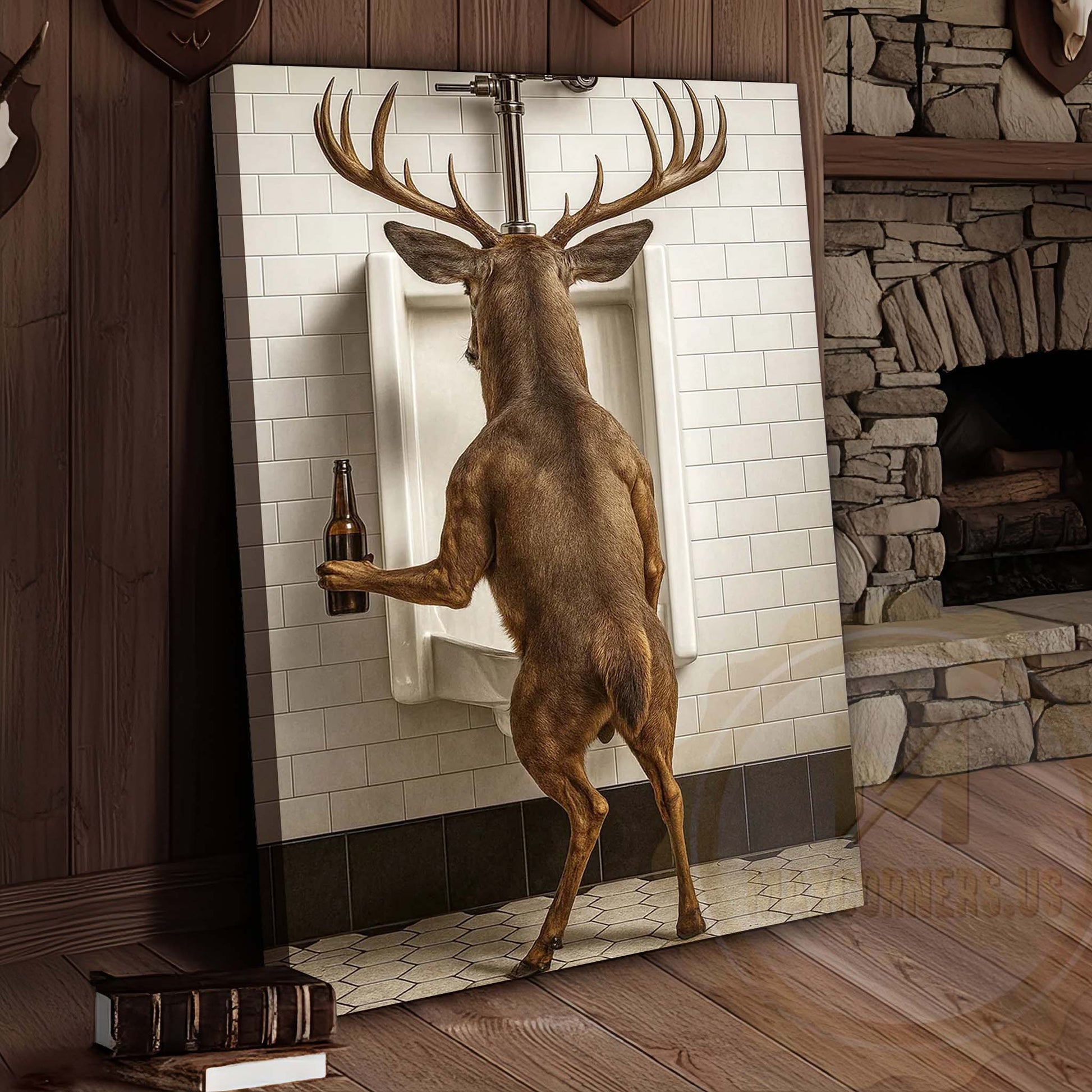 Deer Holding Beer at Urinal Wrapped Canvas Wall Art