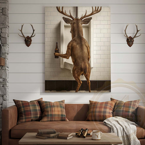 Deer Holding Beer at Urinal Wrapped Canvas Wall Art