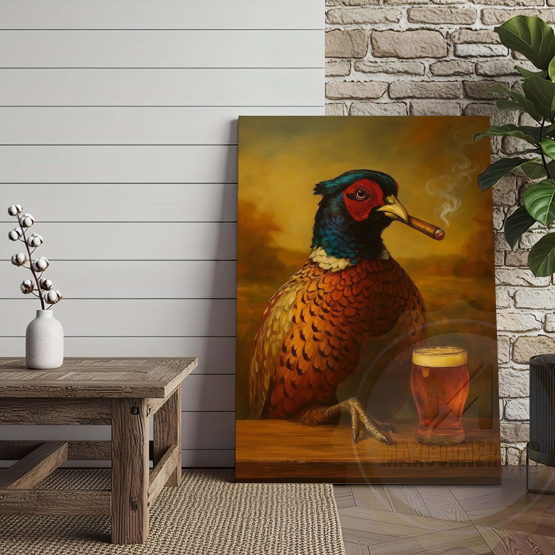 Pheasant with Beer Glass and Smoke Wrapped Canvas