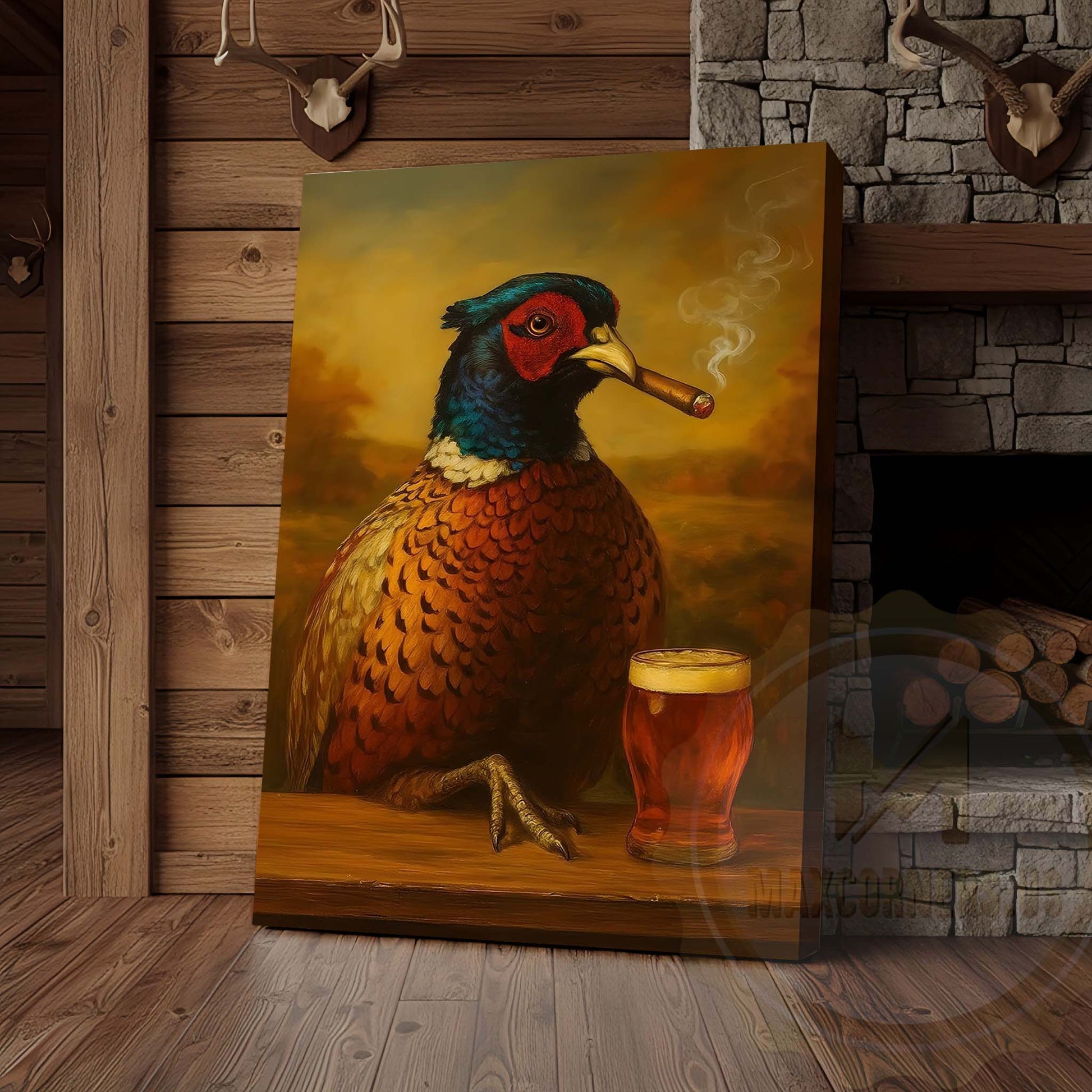 Pheasant with Beer Glass and Smoke Wrapped Canvas