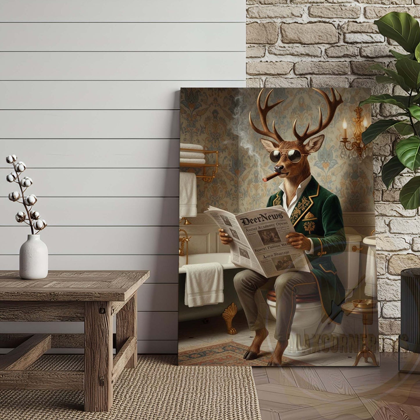 Deer Reading DeerNews in Bathroom Wrapped Canvas