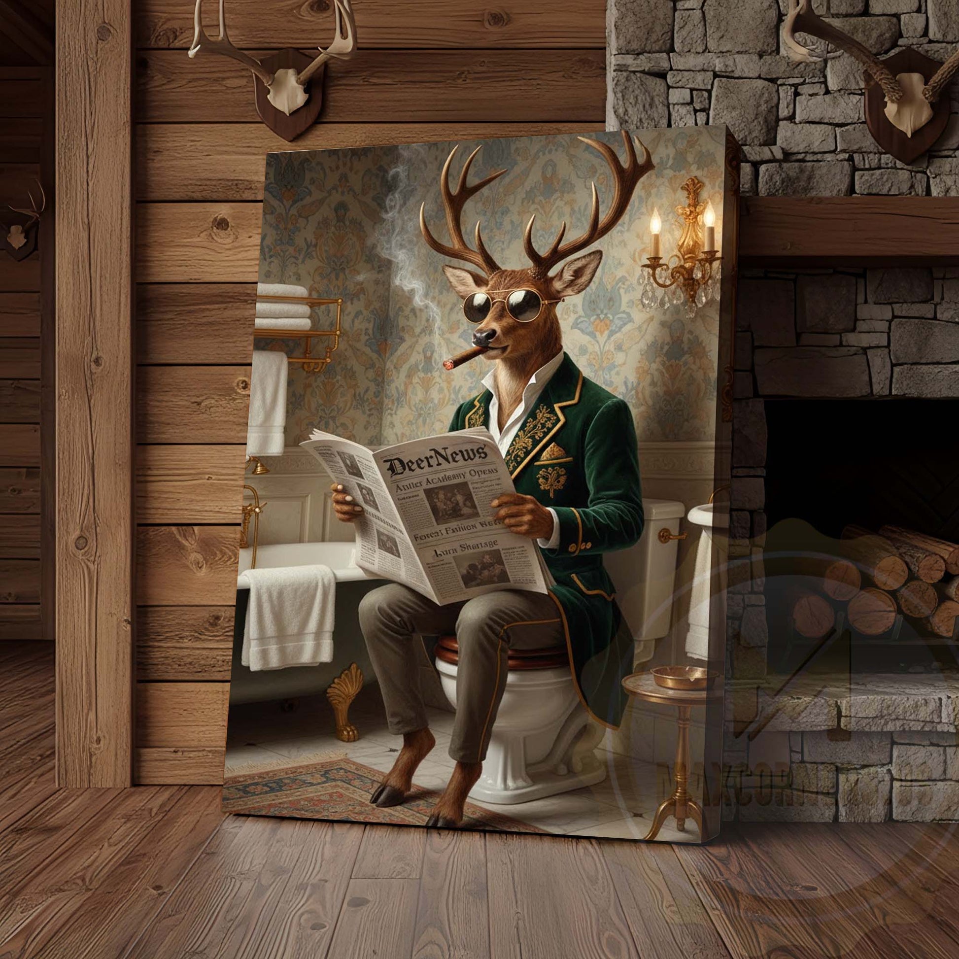 Deer Reading DeerNews in Bathroom Wrapped Canvas