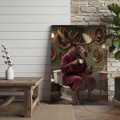Moose Drinking Coffee on Toilet Wrapped Canvas