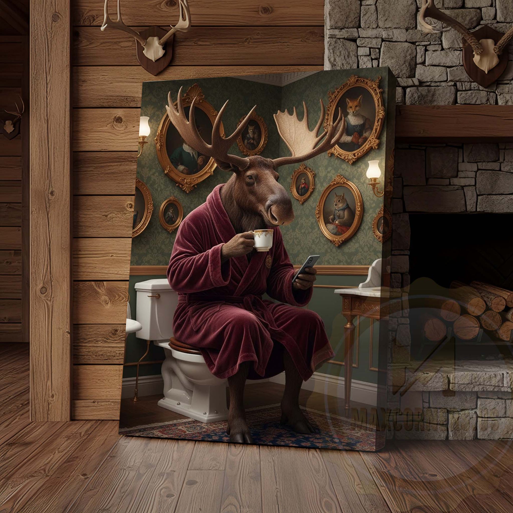Moose Drinking Coffee on Toilet Wrapped Canvas