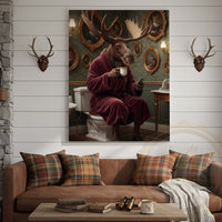 Moose Drinking Coffee on Toilet Wrapped Canvas