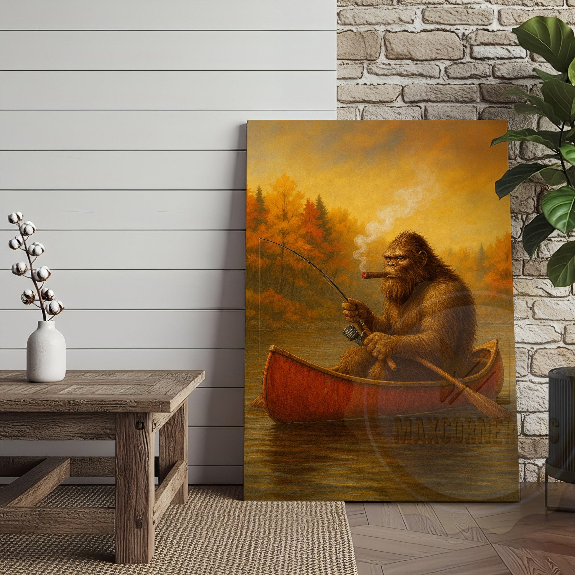 Bigfoot Fishing with Cigar Autumn Lake Rustic Cabin Art Wrapped Canvas